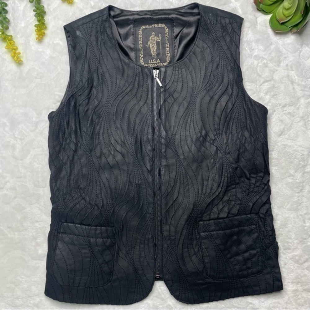 My Tribe Embroidered Leather Zip Front Sleeveless Vest in Black Womens Medium